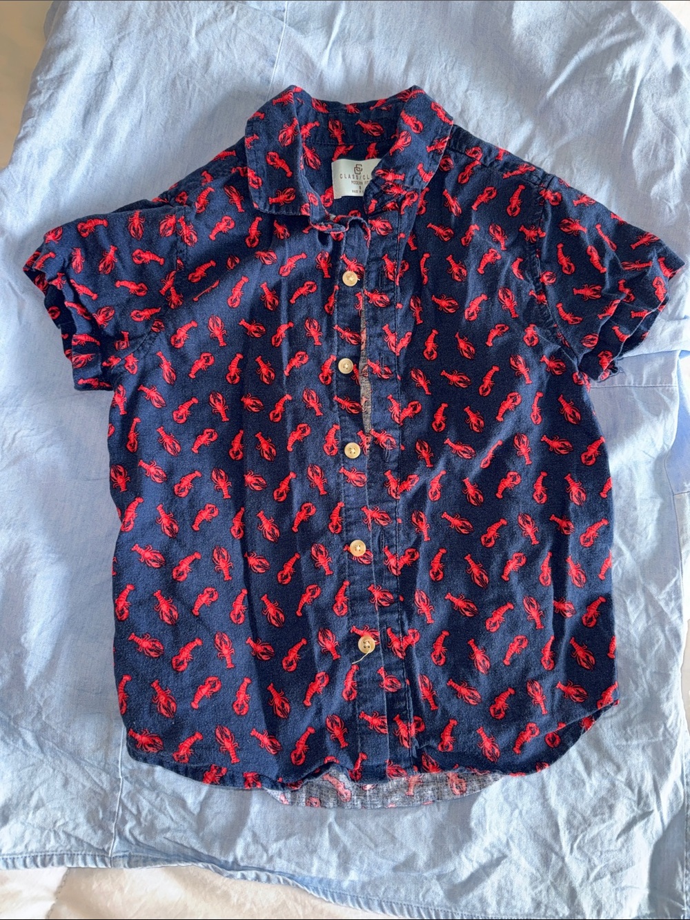 Class Club Navy Short-Sleeve Button-Down with Red Lobster Print